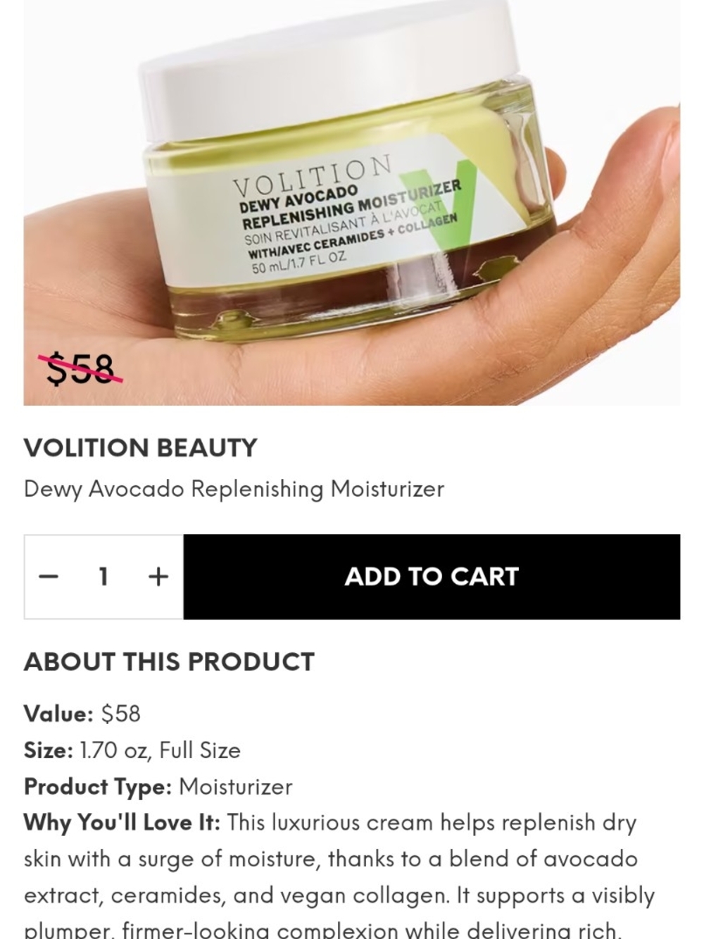 Volition Beauty Dewy Avocado Replenishing Moisturizer NIB NEW IN BOX